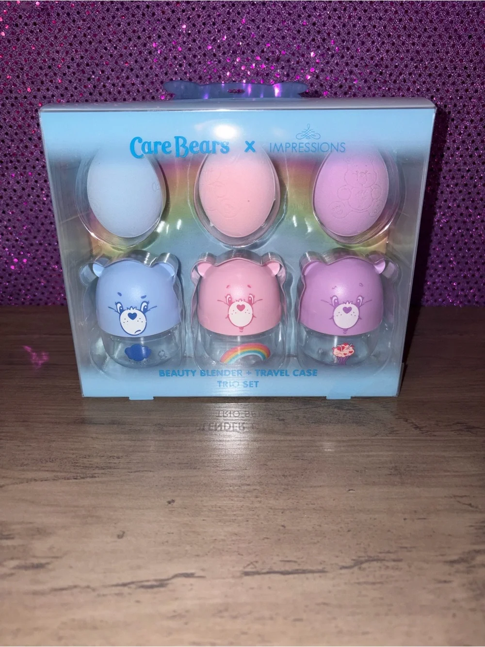 Care Bears Beauty Blender & Travel Case Set Pastel Makeup Sponge Trio NIB